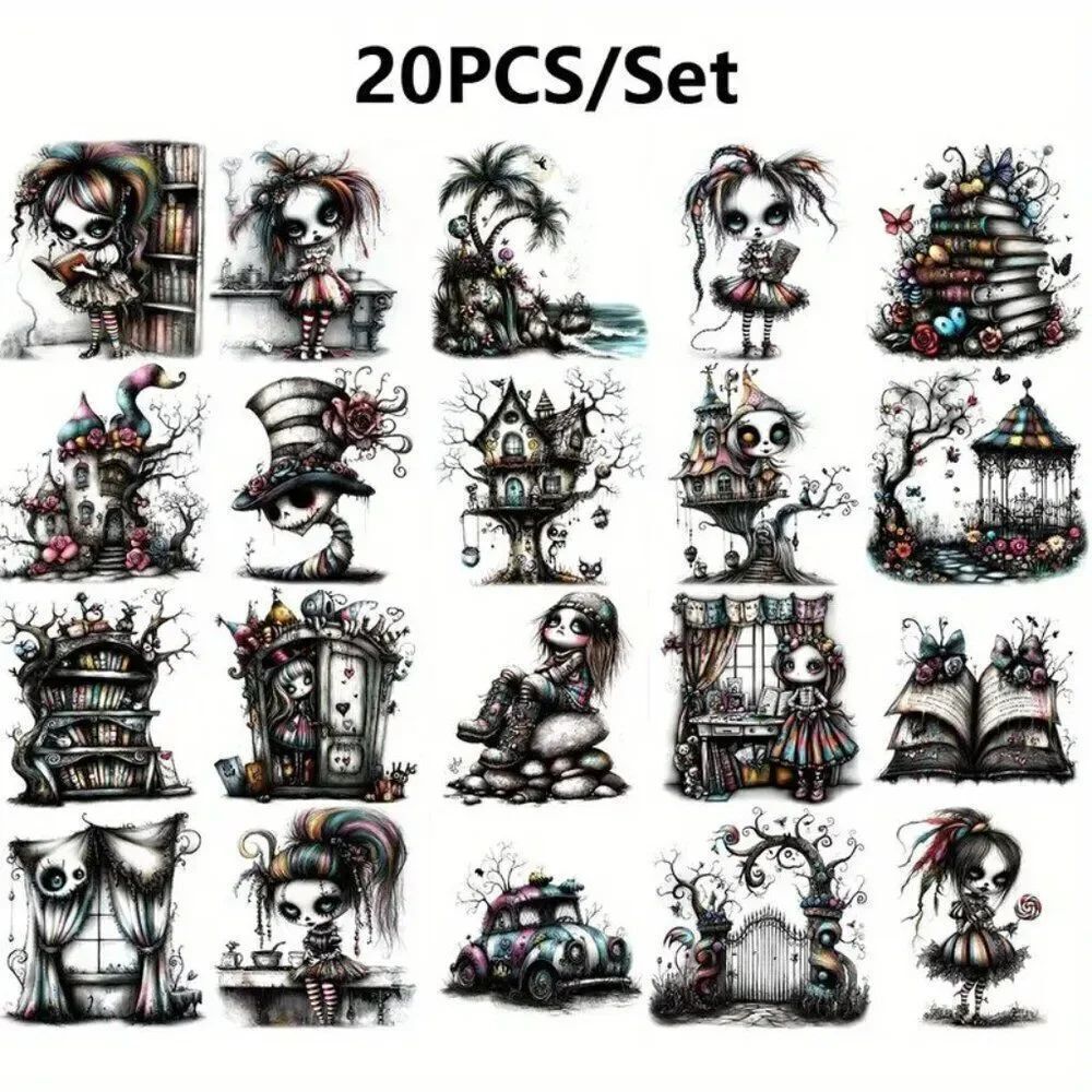 20pcs Haunted Girl 2D Stickers Gothic-Themed DIY Decor Self-Adhesive Semi-Gloss